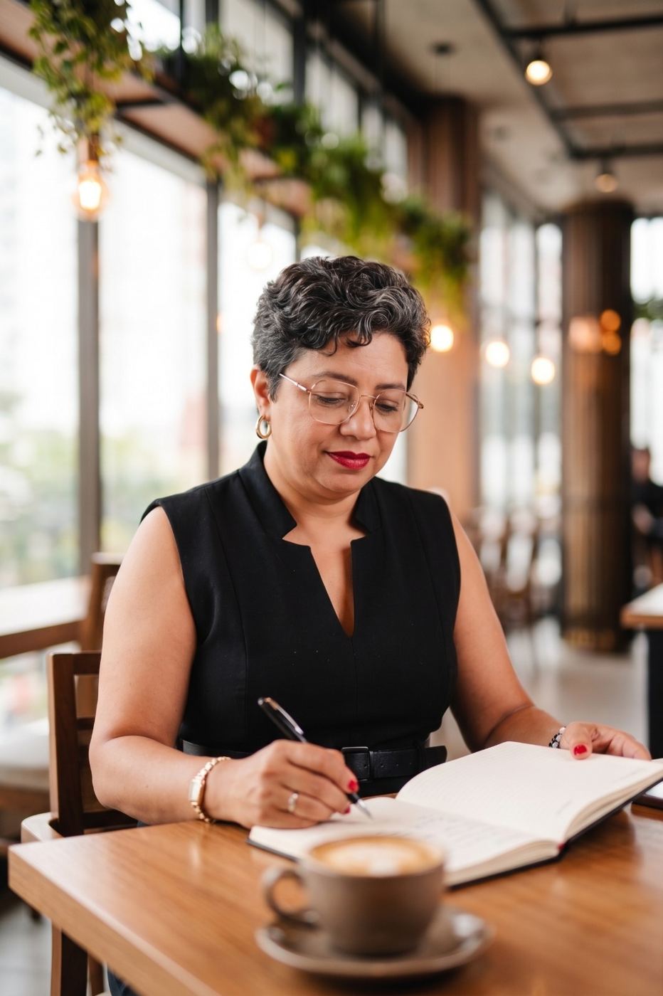 Alcione fazendo anotações em um caderno, num café